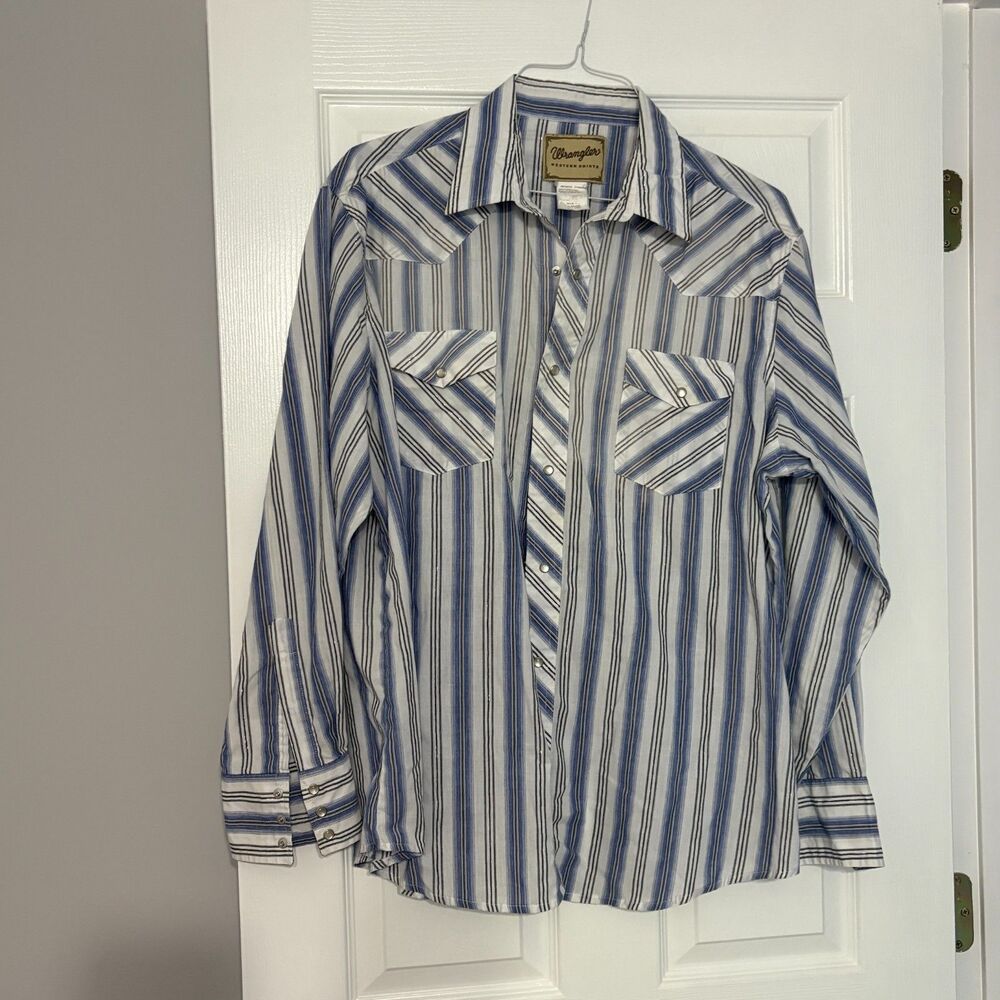 Wrangler Shirt Mens XL Pearl Snap Western Vintage Blue Black Stripe Metallic